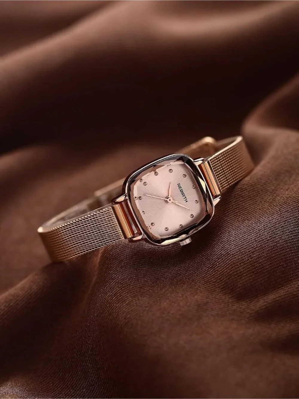 Women's Rose Gold Square Minimalist Dial Mesh Band Crystal Case Wrist Watch